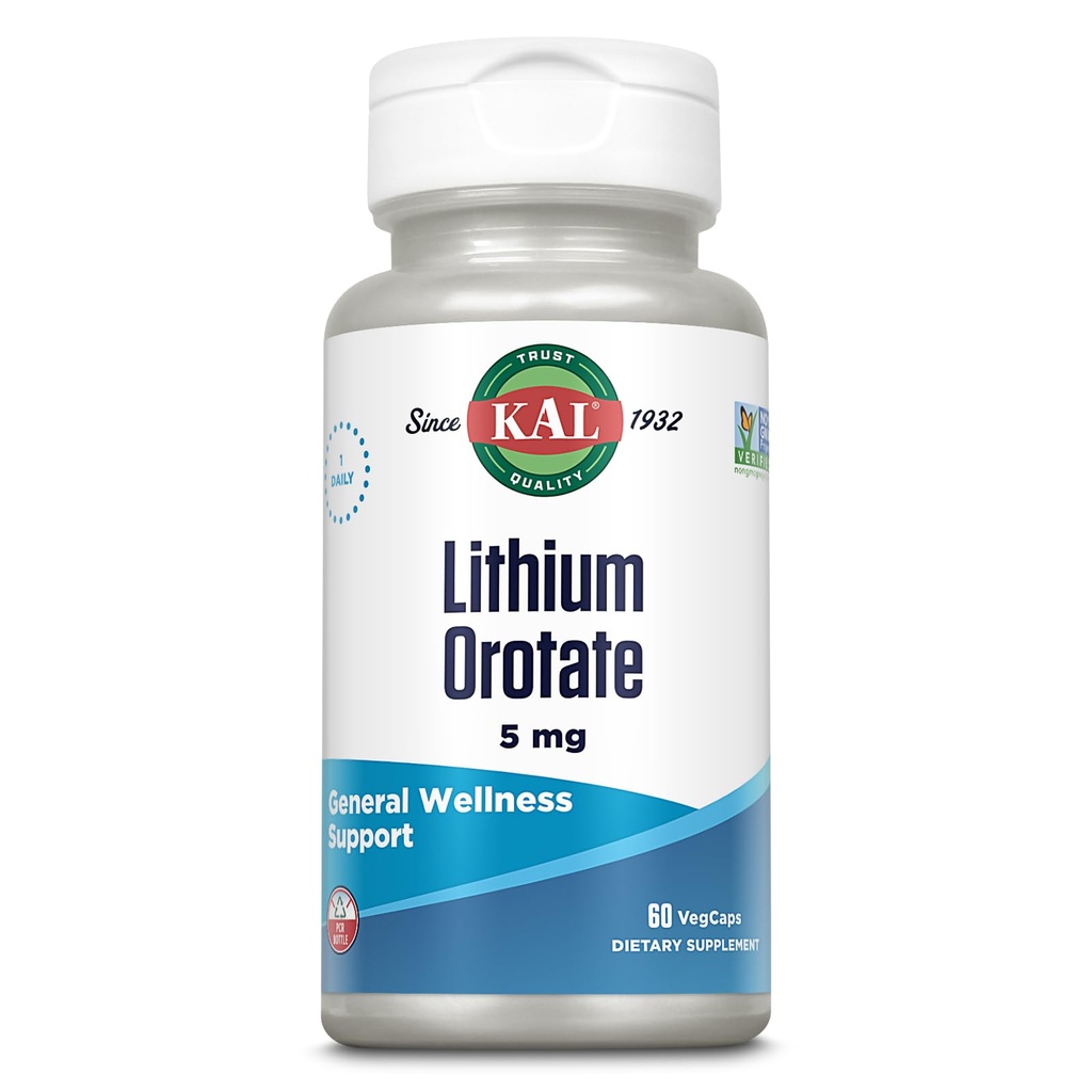 KAL 리튬 Orotate 5mg | 생분해성 및 계류 지원에 대한 킬레이트 리튬 Orotate | 유기농 쌀 Bran Extract Base | 60 VegCaps