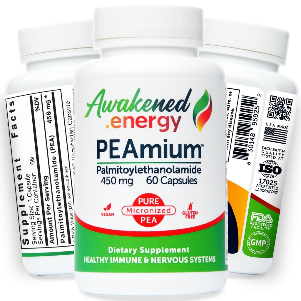 Palmitoylethanolamide 450mg Comfort Mobility Nerves Cognitive & Immune Support - Micronized 높은 흡수 - 모든 천연 완두 - 미국 제작 - 첨가제 또는 Excipients 없음 - 60 Vegan 캡슐 보충