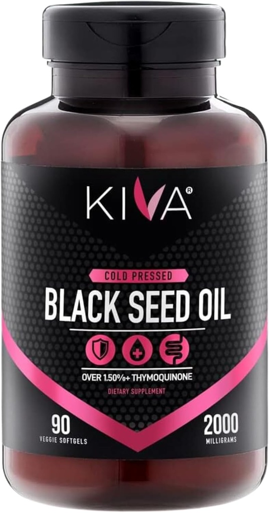 Kiva 검정씨 기름 Softgel 캡슐 - 찬 압박되는 (2000mg), 2%+ 높은 Thymoquinone (TQ), 100% 터키 Nigella Sativa씨 기름, 90 Vegan Softgels