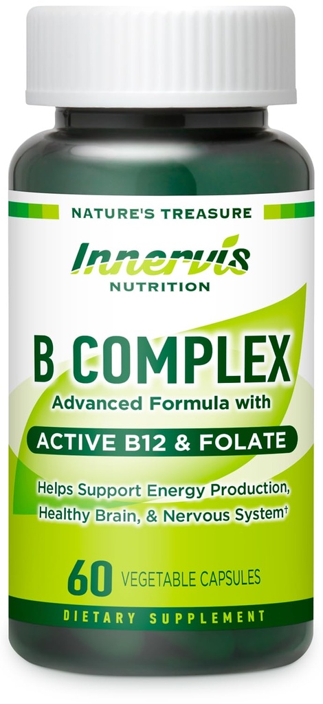 Active B12 및 Folate가있는 생체 활성 B 복합체 - 에너지, 두뇌 및 신경 건강, 60 Vegan 캡슐 지원