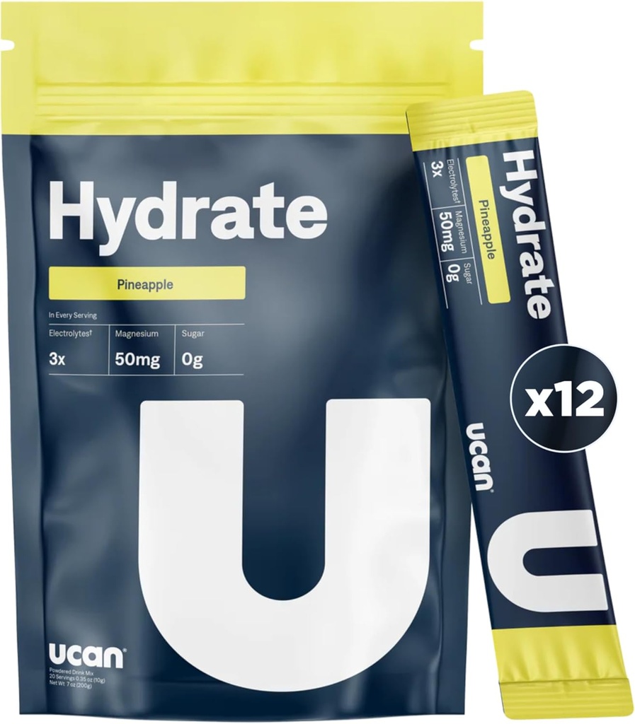 UCAN Hydrate Electrolyte 음료 혼합 (Pineapple, 12 Stickpacks) Sugar-Free, Keto-Friendly, Vegan, Non-GMO, Gluten-Free Electrolyte Powder with Potassium & Magnesium for Runners & Athletes