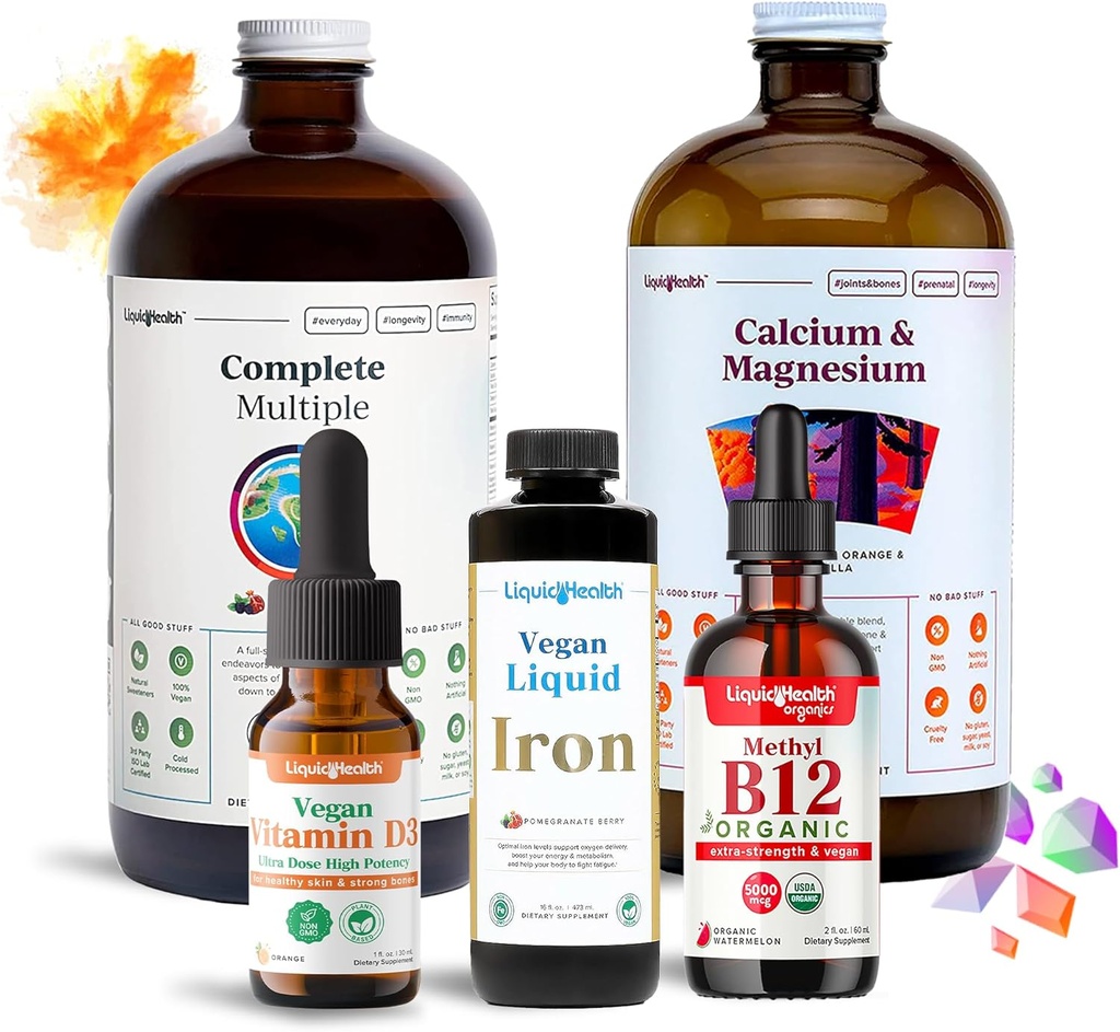LIQUIDHEALTH 궁극적 인 배아제 액체 비타민 보충교재 뭉치 - 철, 칼슘, 마그네슘, Vegan 비타민 D3 & 유기 B12를 가진 매일 배아제 Multivitamin - 배아제 수술은, 미국 만들었습니다