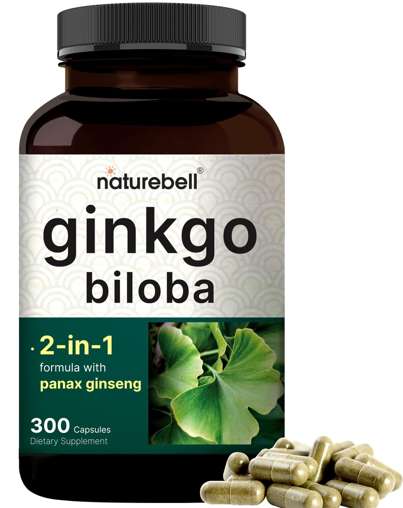 NatureBell Ginkgo Biloba 6,000mg with Panax Ginseng 500mg Per 서빙 | 300 캡슐 – 최대 강도 Ginko Biloba 추출물 보충제 - 메모리, 초점 및 두뇌 건강 증진