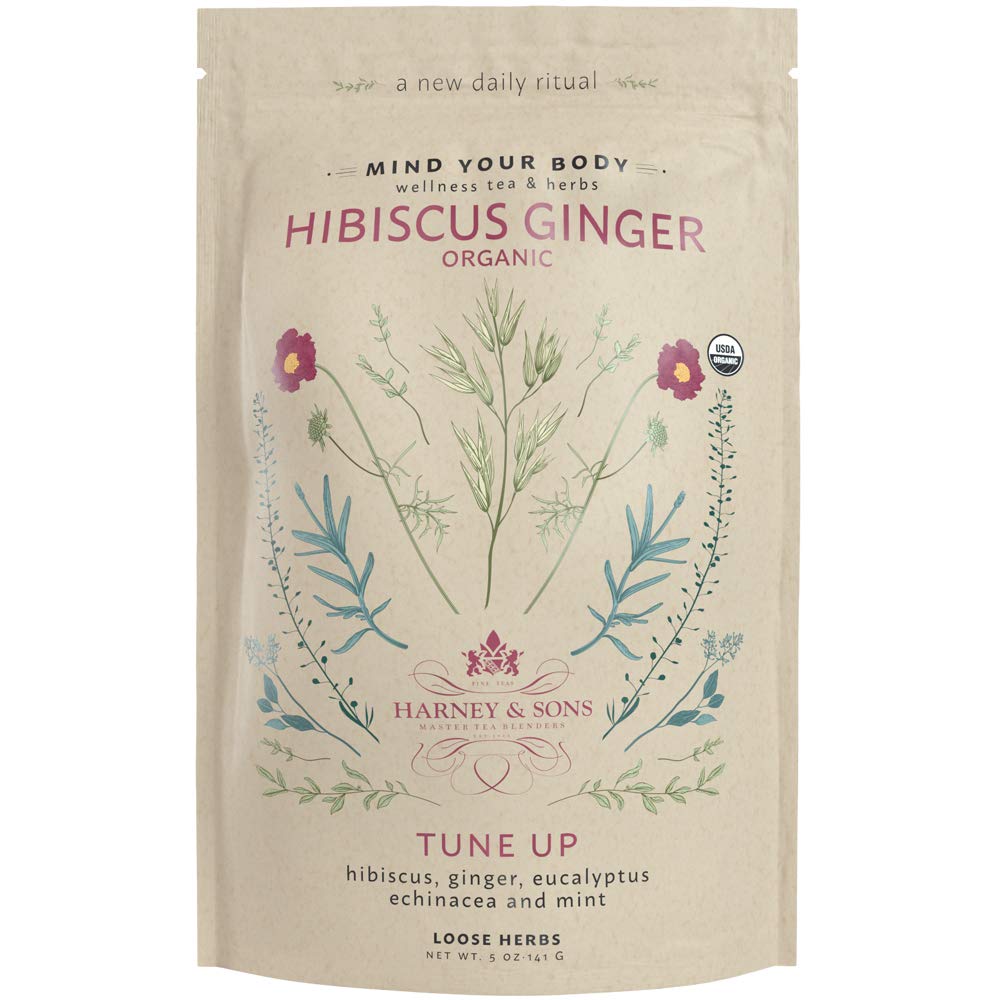 Harney & Sons 유기 Hibiscus Ginger Tune-Up Wellness Blend, Eucalyptus, Echinacea 및 Mint, 5 oz 가방