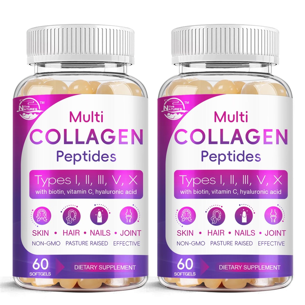 Multi Collagen Peptides Softgel - 유형 I, II, III, V, X - Biotin, 비타민 C, Hyaluronic 산을 가진 가수분해한 교원질 펩티드, 지원 피부 머리 못, 잔디 먹이는, 비 GMO, 60 Softgel, 2 팩