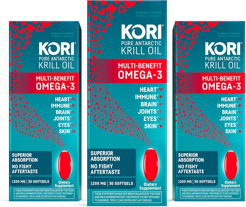 Kori Krill 오일 오메가 3 보충, 우수한 흡수 대 물고기 기름, 1200mg Softgels, 30 Softgels, EPA & DHA (포장 3)를 가진 남극 Krill 기름