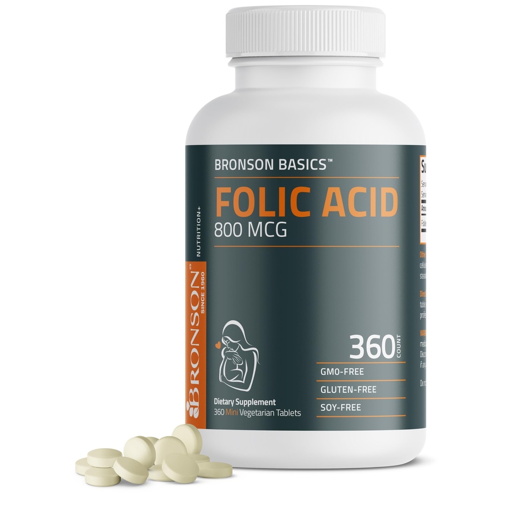 Bronson Folic 산 800 MCG는 Prenatal 발달, 1 년 공급, 비 GMO의 360의 정제를 지원합니다