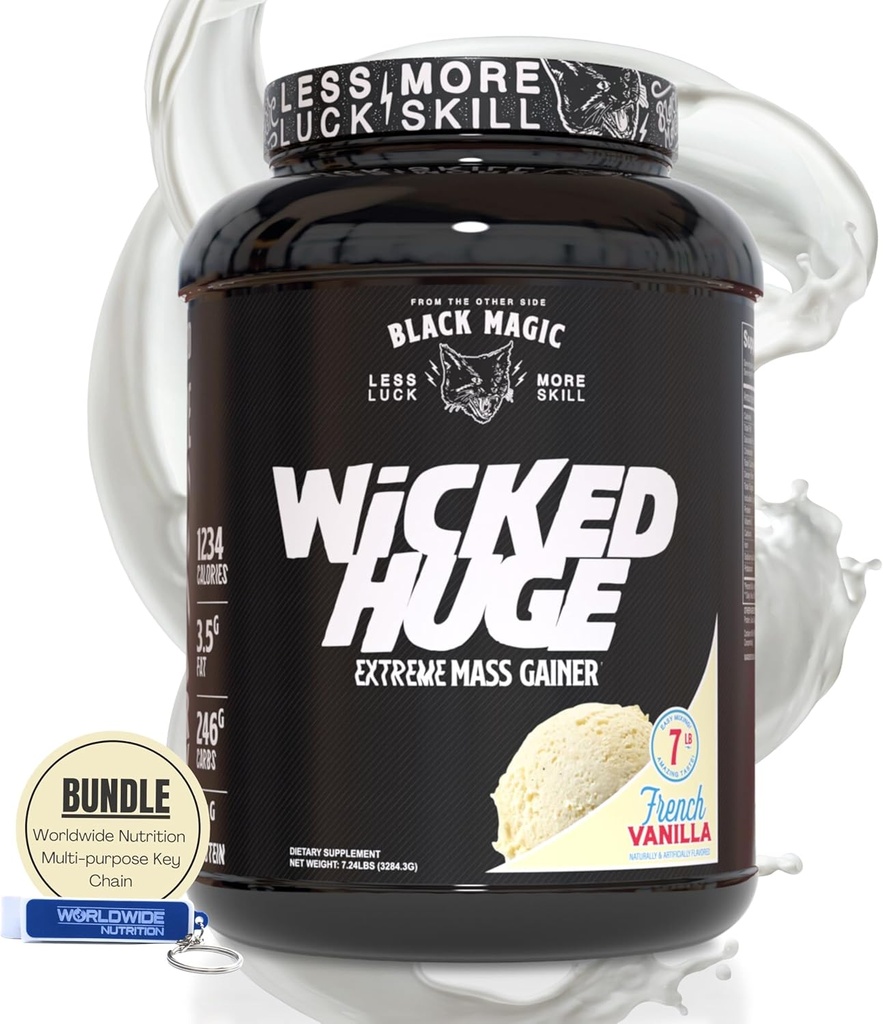 Black Magic Wicked Huge과 호환되는 세계적인 영양 뭉치 - 근육 지원과 회복을 위한 대량 Gainer 프랑스 바닐라 풍미, Keychain를 가진 7.24 LBS 단백질 분말 보충교재