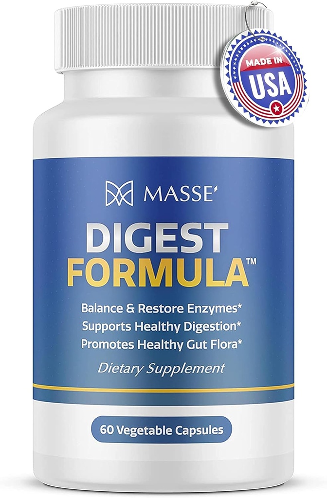 MASSE' Digest Formula Supplement Enzyme Boost 캡슐 - 소화 건강 및 Gut Flora 지원을위한 고급 공식 - Digestive Care 및 Overgrowth- 60 카운트를위한 천연 유기 효소 보충