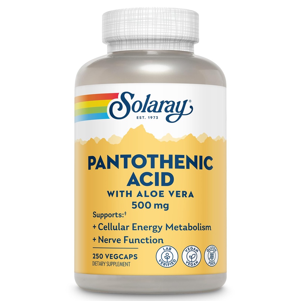 SOLARAY Pantothenic Acid 500mg - Pantothenic Acid Supplement (비타민 B5) - Essential B Complex Vitamin - Nervous System 및 Cellular Energy Support - Vegan, Gluten Free, 60 일 Guaratee, 250 서빙