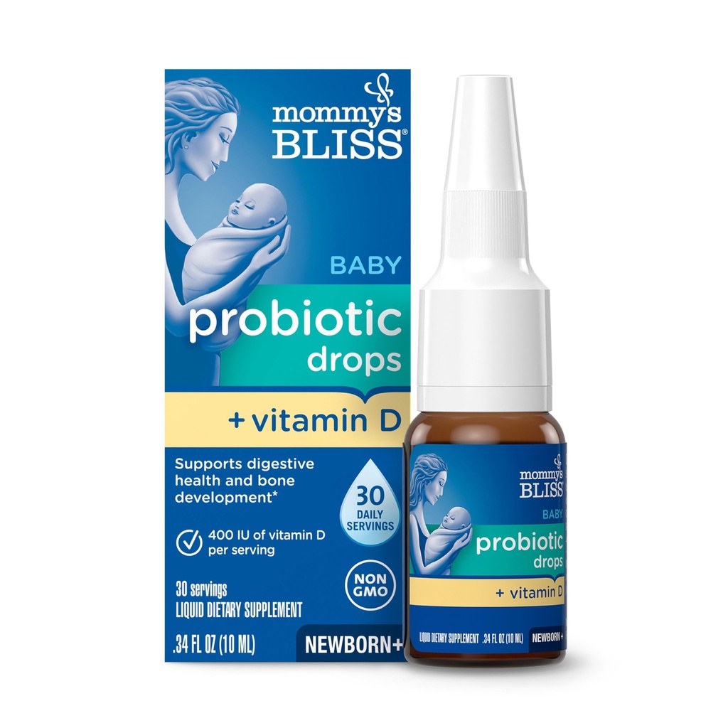 Mommy's Bliss Baby Probiotics + 비타민 D 드롭, 소화 건강 및 면역 기능 *, 400IU 비타민 D, 지원 뼈 개발 *, 신생아 +, 맛없는, 0.34 Fl Oz (30 인분)