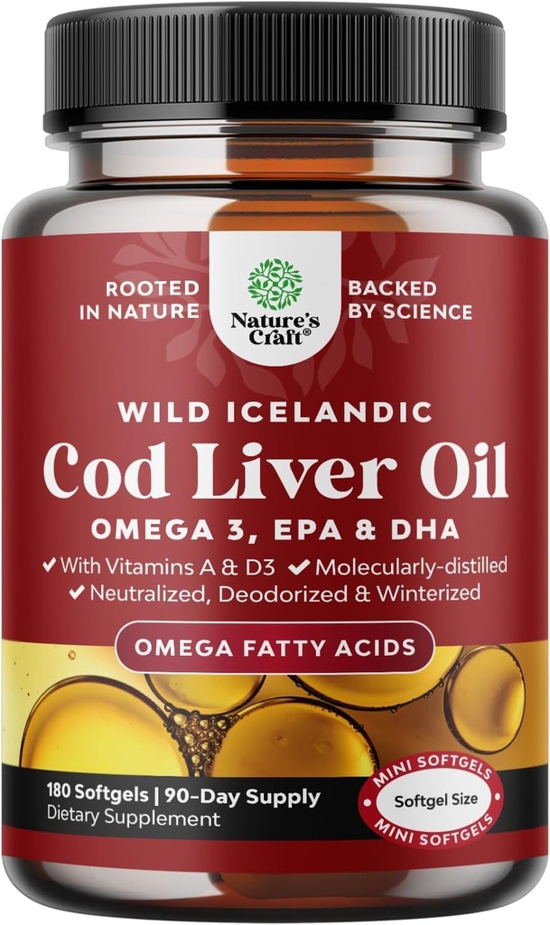 아이슬란드어 Cod Liver Oil Softgels - Wild Caught EPA DHA Omega 3 Fish Oil 1000mg / 서빙 - 비타민 D3 및 심장 관절 뇌 및 면역 지원과 지속 가능한 Sourced Burpless Fish Oil 보충