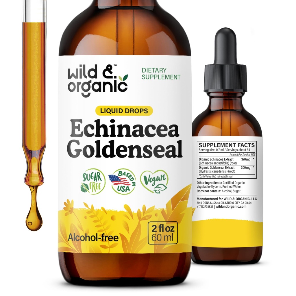 야생 & 유기 Echinacea 황금 액체 낙하물 - 면역 지원 보충교재 w/Goldenseal Echinacea 뿌리 추출물 - Vegan, 설탕 & 알콜 자유로운 Tincture - 2개 fl oz