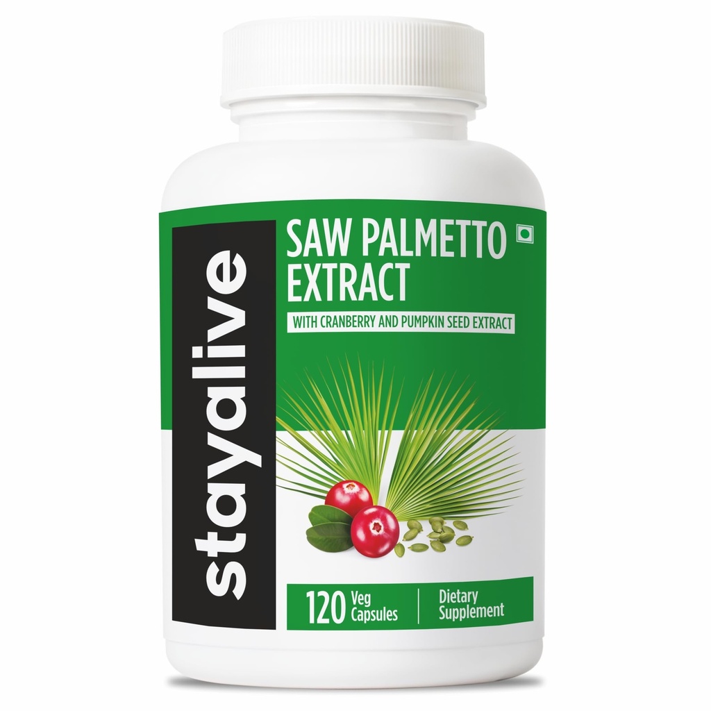 STAY ALIVE는 Palmetto 추출물 캡슐 w/Cranberry & 호박씨 기름, 머리, U.T & 전립선을 위한 120의 Vegan 알약, 남자와 여자를 위한 순수한 톱 Palmetto, 비 GMO, 글루텐 자유로운 호박씨 보충교재를 보았습니다