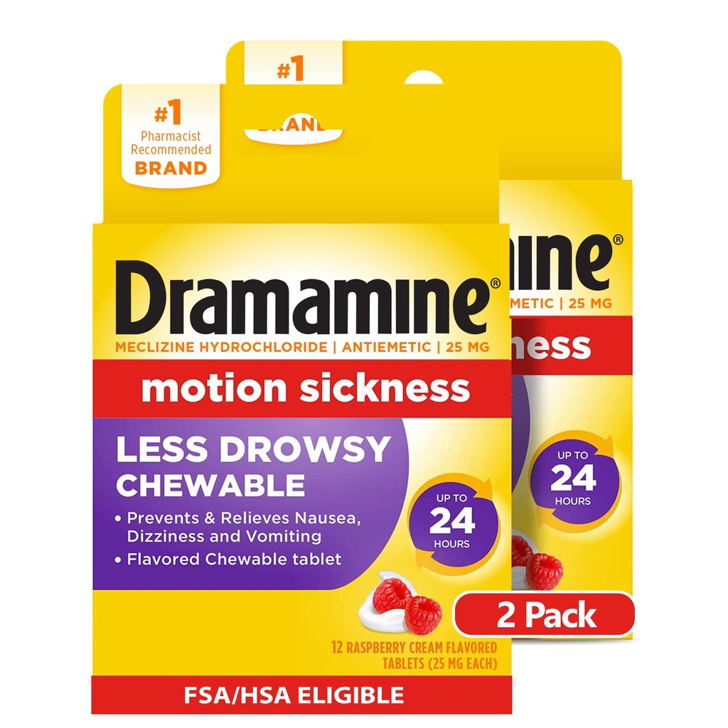 Dramamine Chewable 덜 Drowsy, 모션 Sickness 구호, 라즈베리 크림 맛, 12 카운트, 2 팩