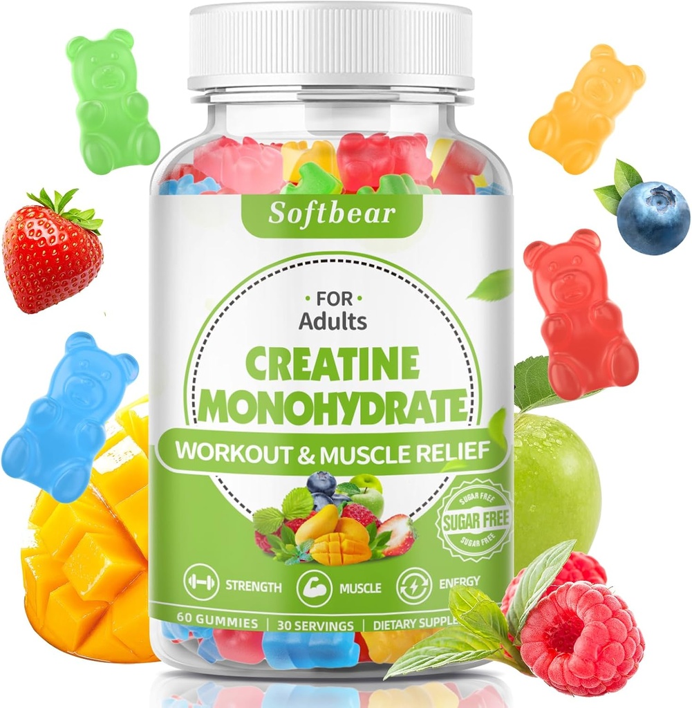 남성 여성을 위한 softbear 5000mg Creatine Monohydrate Gummies, Vegan Creatine HCL 보충교재 근육 빌더 힘 혼합 풍미 60 조사를 위한 전 운동 Gummies