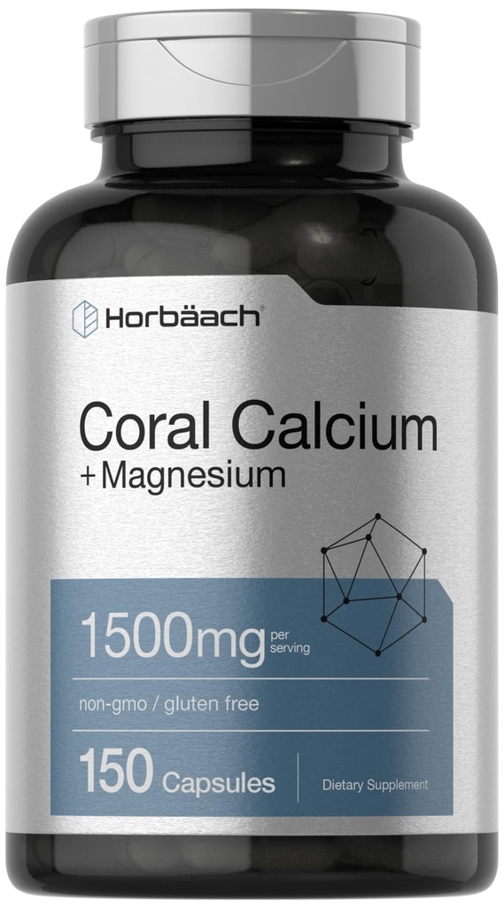 Horbäach 산호 칼슘 1500mg 캡슐 | 150 개 | 플러스 마그네슘 | 비 GMO 및 글루텐 무료 보충