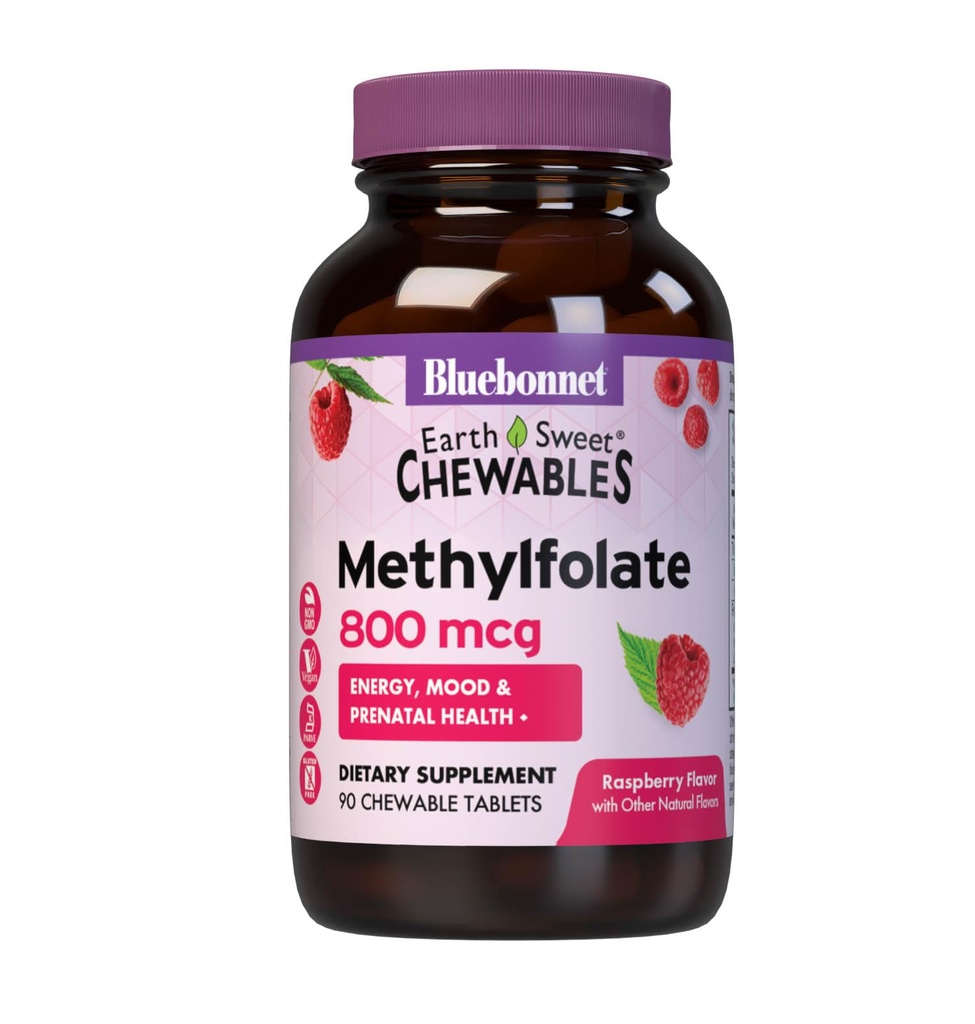 Bluebonnet EarthSweet Methylfolate 800 mcg 세포 활성 Coenzyme 5-MTHF L 메틸 Folate 보충 - Prenatal & Energy Support* - 비 GMO, Vegan, 글루텐 - 무료 - 라즈베리 - 90 Chewable 정제
