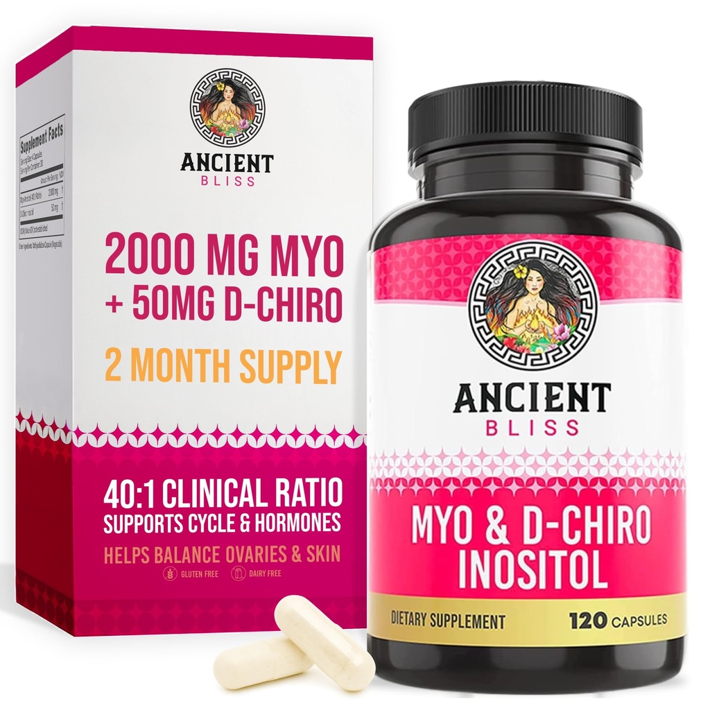 고대 블리스 Myo & D-Chiro Inositol 보충교재, 40에서 1 비율, 여자를 위한 Ovarian 기능 지원에 있는 도움, 비타민 B8는 봉사 당 생리 주기, 2050mg를 통제하는 것을 돕습니다, 120 Vegan 캡슐