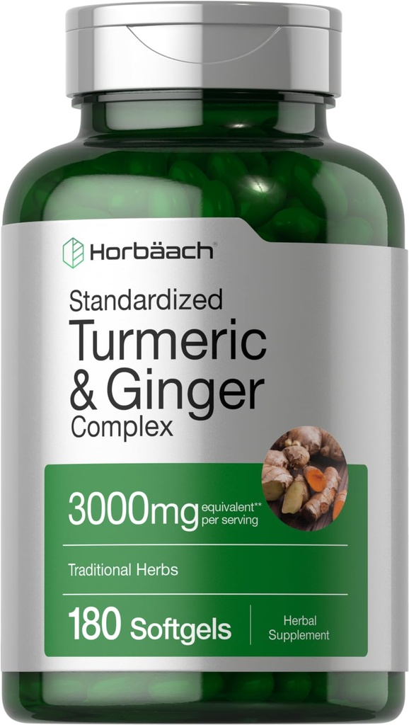 Horbäach Turmeric and Ginger Supplement | 3000 mg 180 Softgel 알약 | 검은 후추 추출물 | Non-GMO, 글루텐 무료 보충