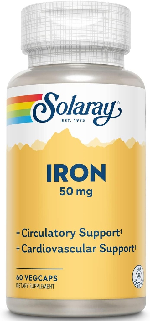 Solaray Iron 50 mg | 건강한 순환, 심혈관 기능 및 적혈구 건강 지원 | 60 VegCaps