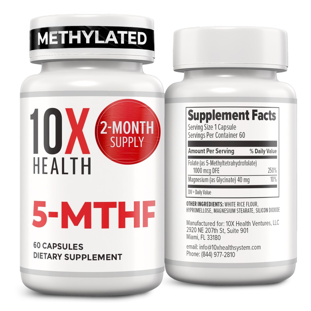 10X 건강 5-MTHF Methylfolate - 뇌, 심장 건강, DNA & Neurotransmitter 증후군을 위한 메틸을 입힌 Folate & 마그네슘 - 생물 유효한 메틸 Folate 보충교재 - Methylfolate 보충교재 60 캡슐
