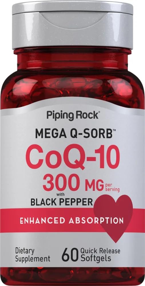 CoQ10 300mg | 60 Softgel | 흑퍼 | Coq10 Coenzyme Supplement | Mega Q-Sorb | 향상된 흡수 | Non-GMO, 글루텐 프리 | Piping Rock