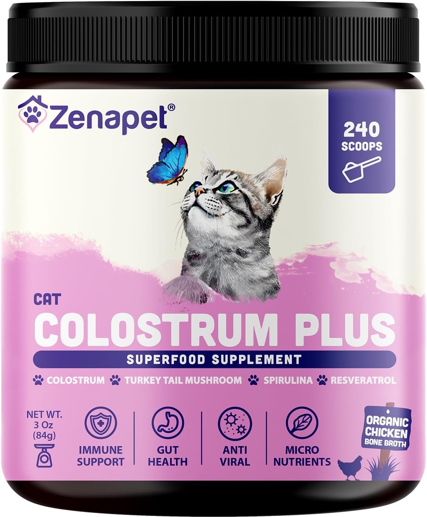 ZENAPET Cat Colostrum Plus Premium Powder Topper, Immune & Digestive Health Supplement, 240 서빙 (8 개월 공급), 지원 피부 & 코트, 미국에서 만든