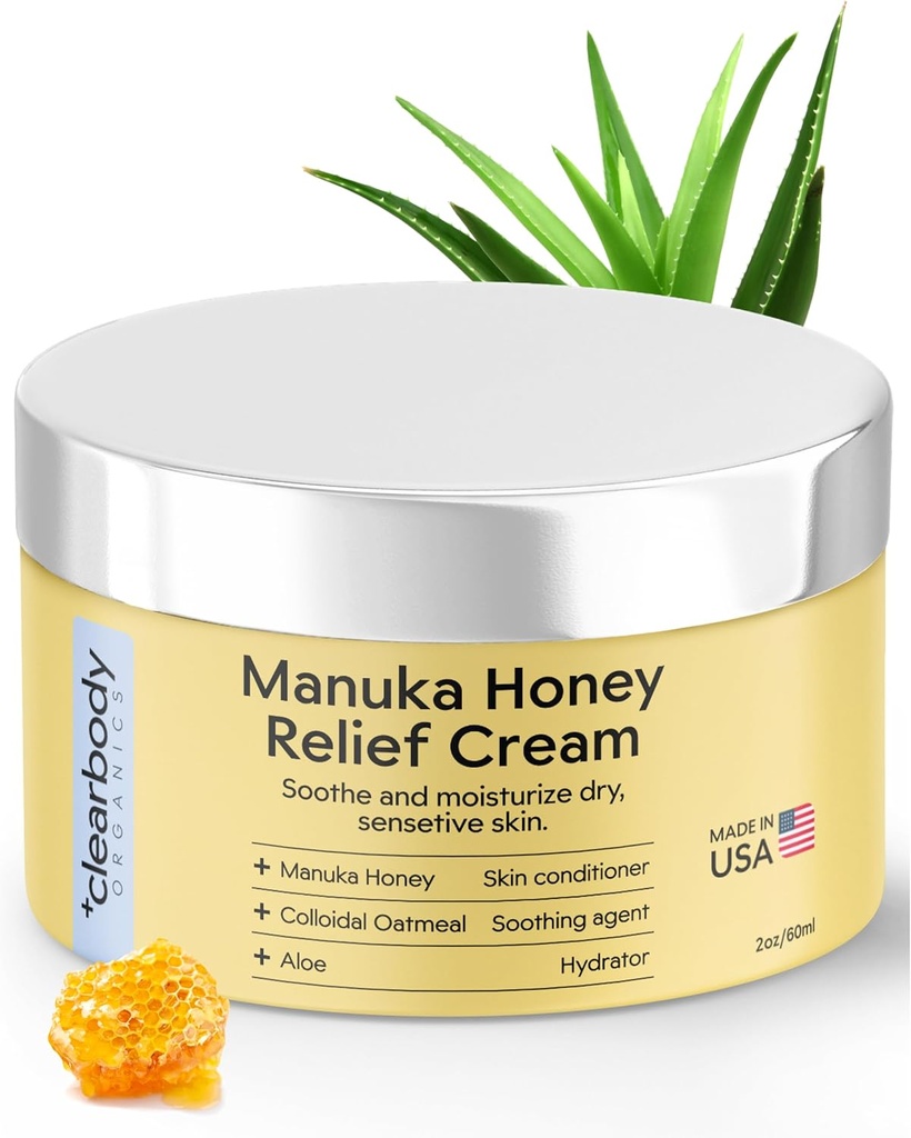 Clearbody Organics Manuka Honey Cream - 2 fl oz, 1 팩 - Soothing Eczema Cream - Colloidal Oatmeal과 깊은 Hydration - 건조한 피부를 위한 즉시 Manuka 기복