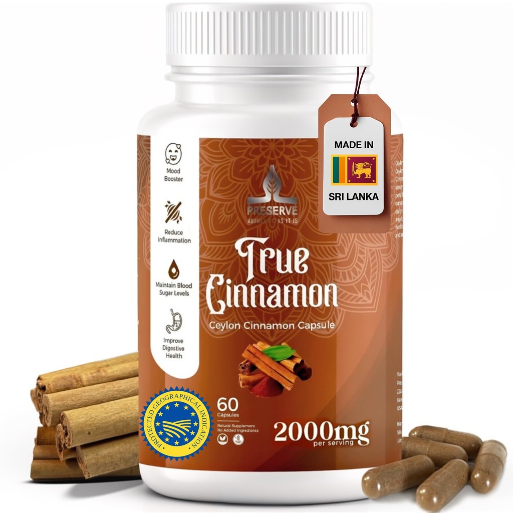 Pure Ceylon Cinnamon 캡슐, 2,000mg, 2 개월 보충 | 스리랑카에서 만든 | 비 GMO, 글루텐 프리, 스리랑카에서 참 Cinnamomum, 100% 순수 Cinnamon (코시아와 NOT 혼합).