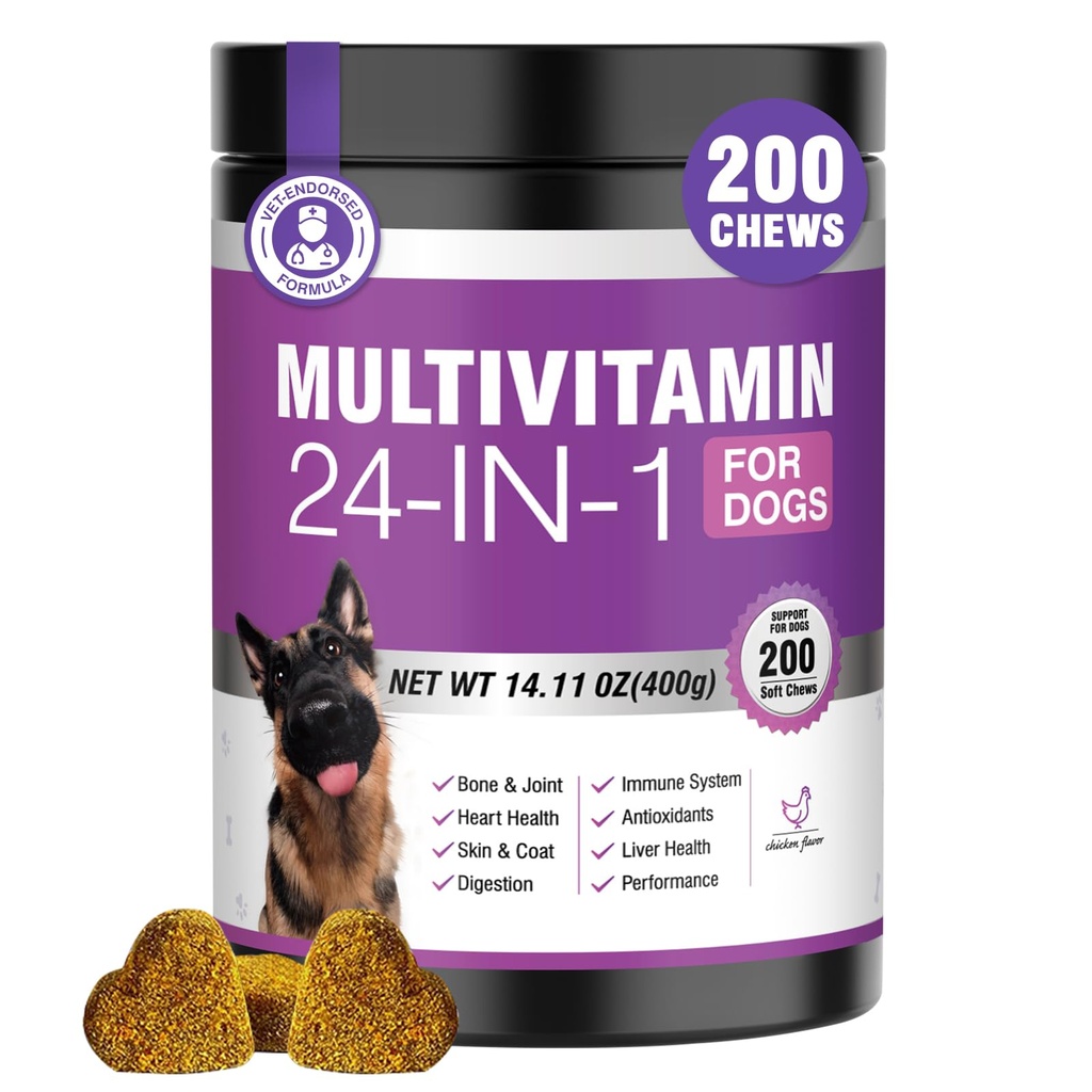 24에서 1 개 비타민과 보충제 200 Ct 개 Multivitamin Chewable Contain Chondroitin Probiotics Dogs Skin Coat Heart Joint Gut Liver Brain Eye Immune Support - 치킨