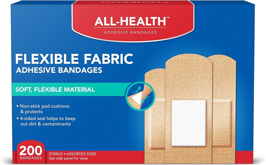 All Health Adhesive Fabric Bandages, 200 카운트 분류 크기 | 소프트, 유연한 소재 | First Aid 및 Wound Care에 대한 보호