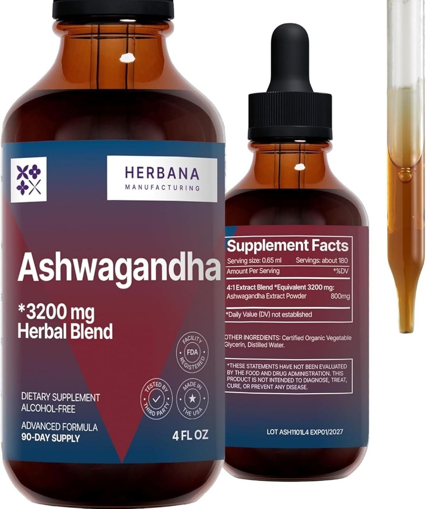 HERBANA MANUFACTURING Ashwagandha 액체 드롭 추출물 - 근육 회복 Tincture - Withania Somnifera Drops - 높은 효능