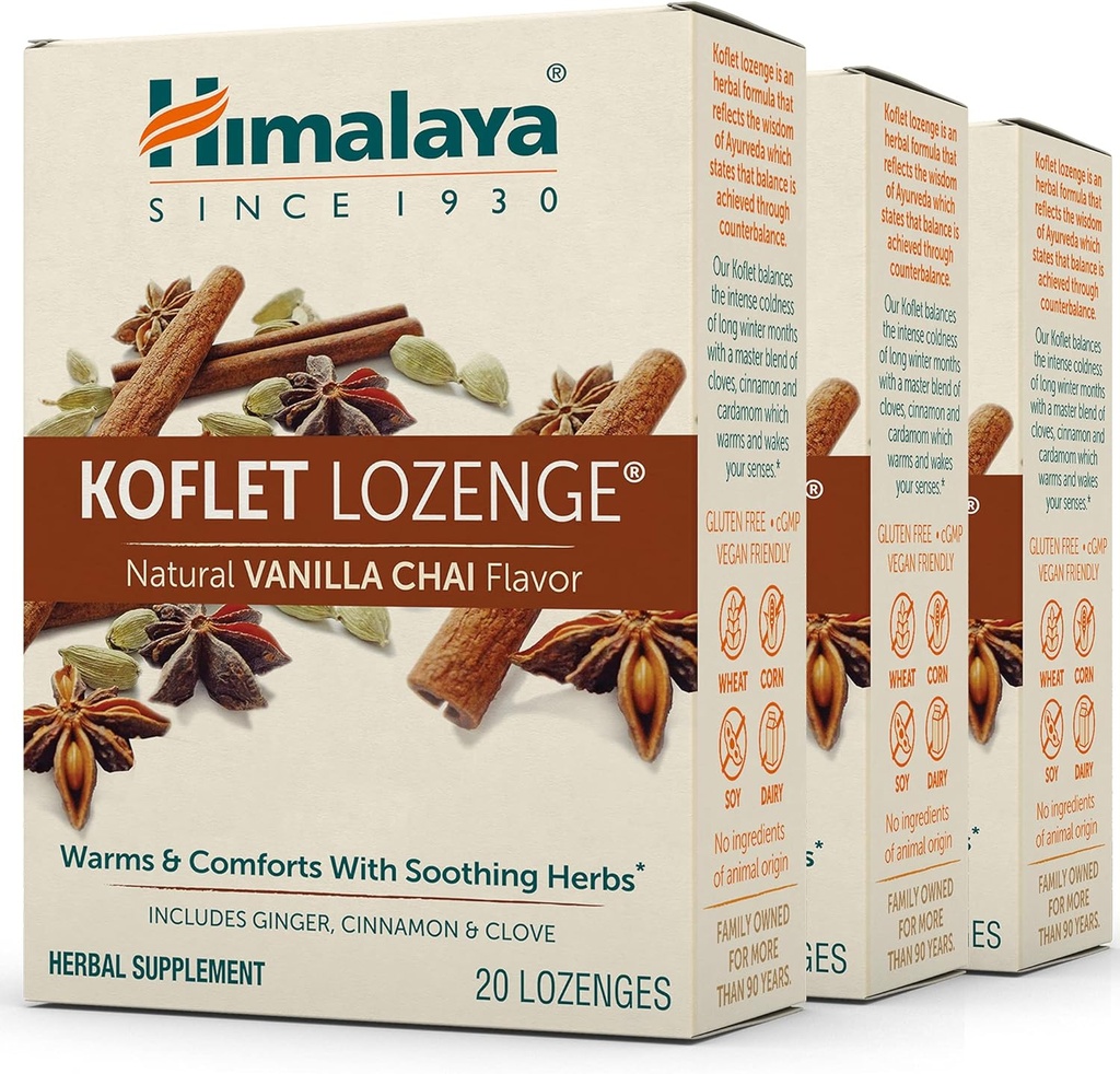 히말라야 Koflet Lozenges, 바닐라 Chai 맛, 따뜻한 기복과 소결 안락, 130 mg, 20 Lozenges, 3 팩