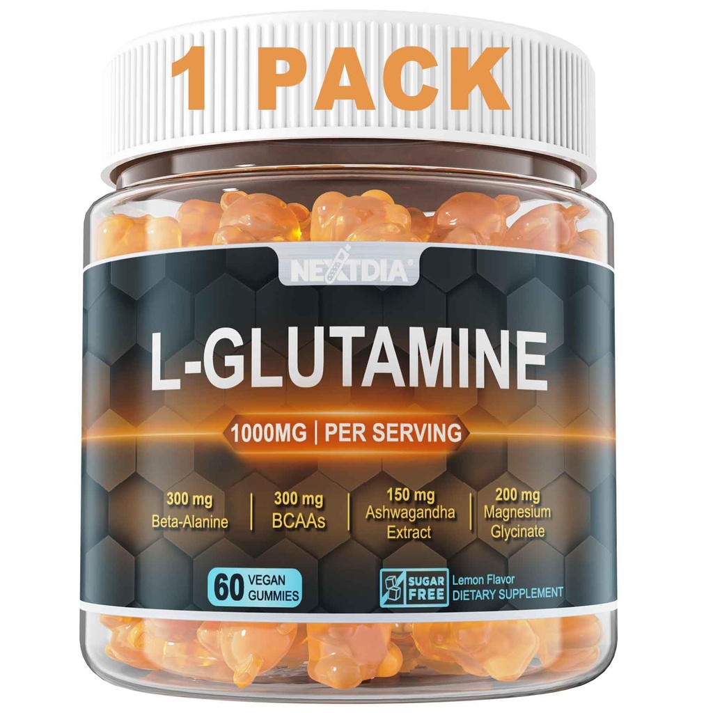 여성 및 남성용 L 글루타민 1000mg 구미| 베타 알라닌, BCAA, 마그네슘 글루타민, 칼륨 및 Ashwagandha | Vegan | Sugar-Free & Extra-Chewy | 60 개