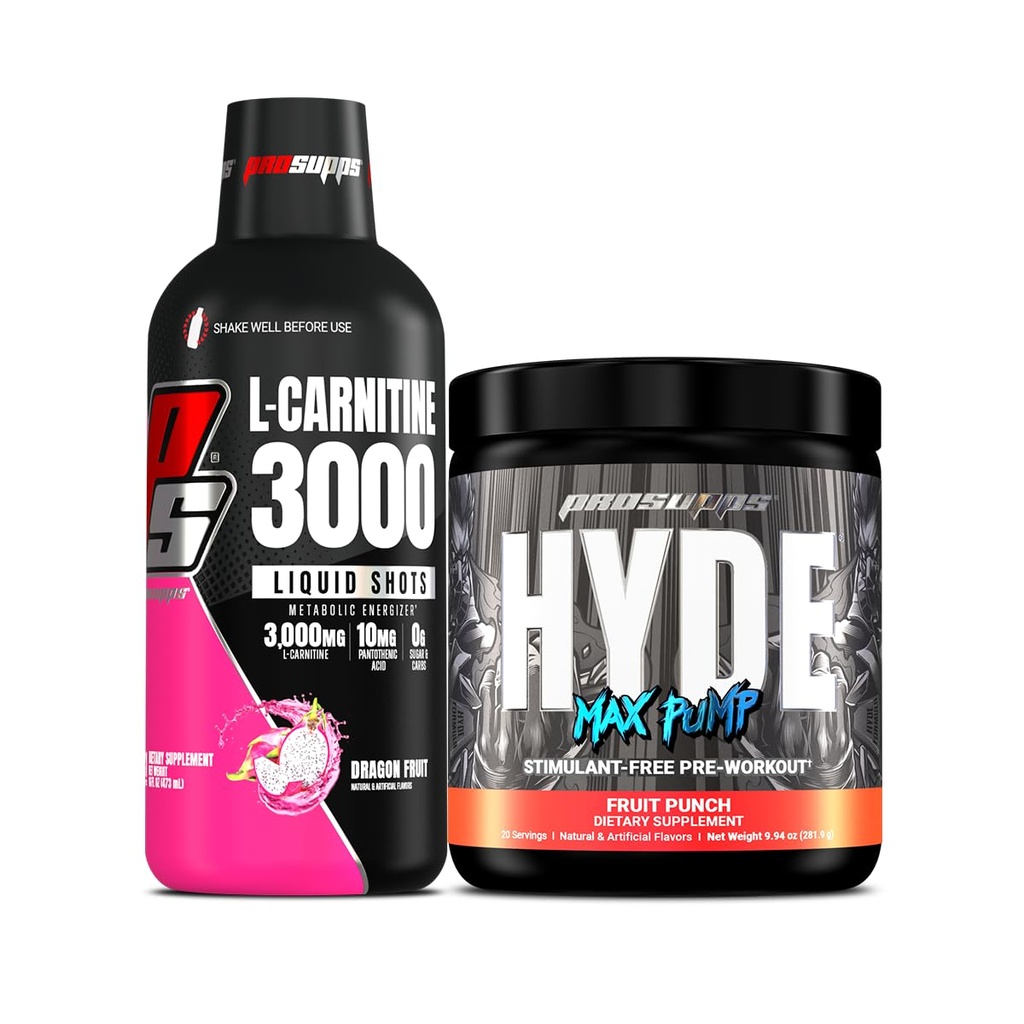 PROSUPPS L-Carnitine 3000 자극제 자유로운 액체 탄 (Dragon 과일)와 Hyde 최대 펌프 남자와 여자 (Fruit 펀치) 뭉치를 위한 전 운동