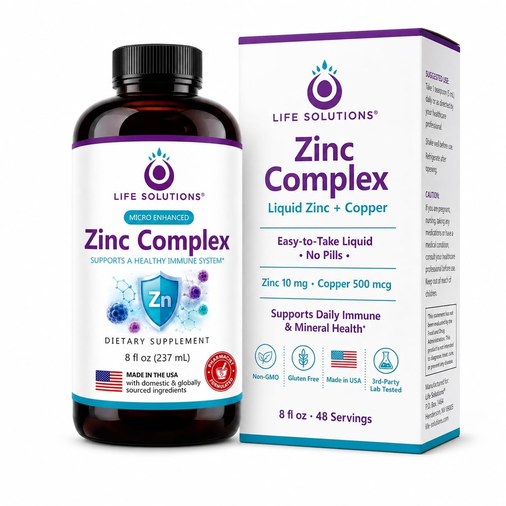 Life Solutions 아연 복합체 - 아연 Gluconate 및 구리 Gluconate for Optimal Immune Support & Health - 높은 흡수 포뮬러 - 액체 8oz-