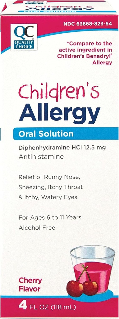 질 선택 아이들의 Allergy 약, 비 돌진 액체 항히스타민 해결책. 알코올 무료 체리 맛 활성 Diphenhydramine for Cough, Runny Nose, Itching Eyes & Throat Relief 4 oz