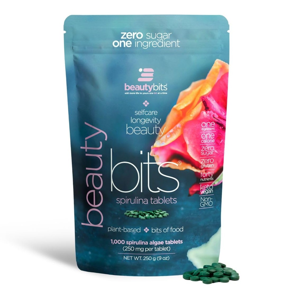 BEAUTYbits - 유기 Spirulina 정제 - 조류 Superfood - 교원질, 단백질, 클로로필 - 머리, 못, & 피부 관리 - Vegan, Keto, 글루텐 무료 - 셀프 케어 - 스킨 케어 뷰티 선물 - 1000 태블릿 가방