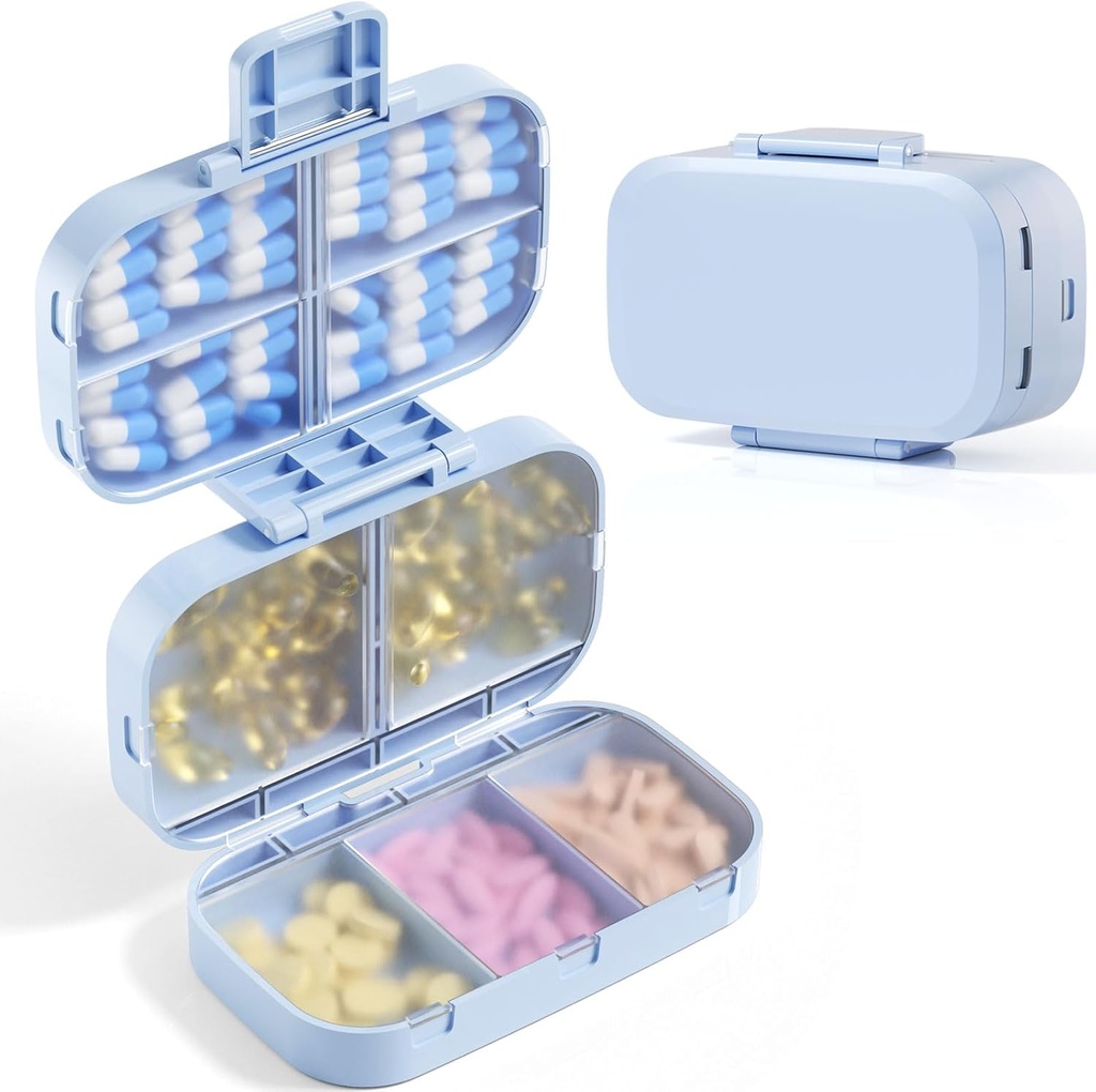 MEACOLIA Triple Folding Pill 주최자, 9 Compartments Travel Pill Case with 대형 용량, 매일 Pill Box Vitamin, Cod Liver Oil, Supplements (Blue) 용 작은 Pill Container