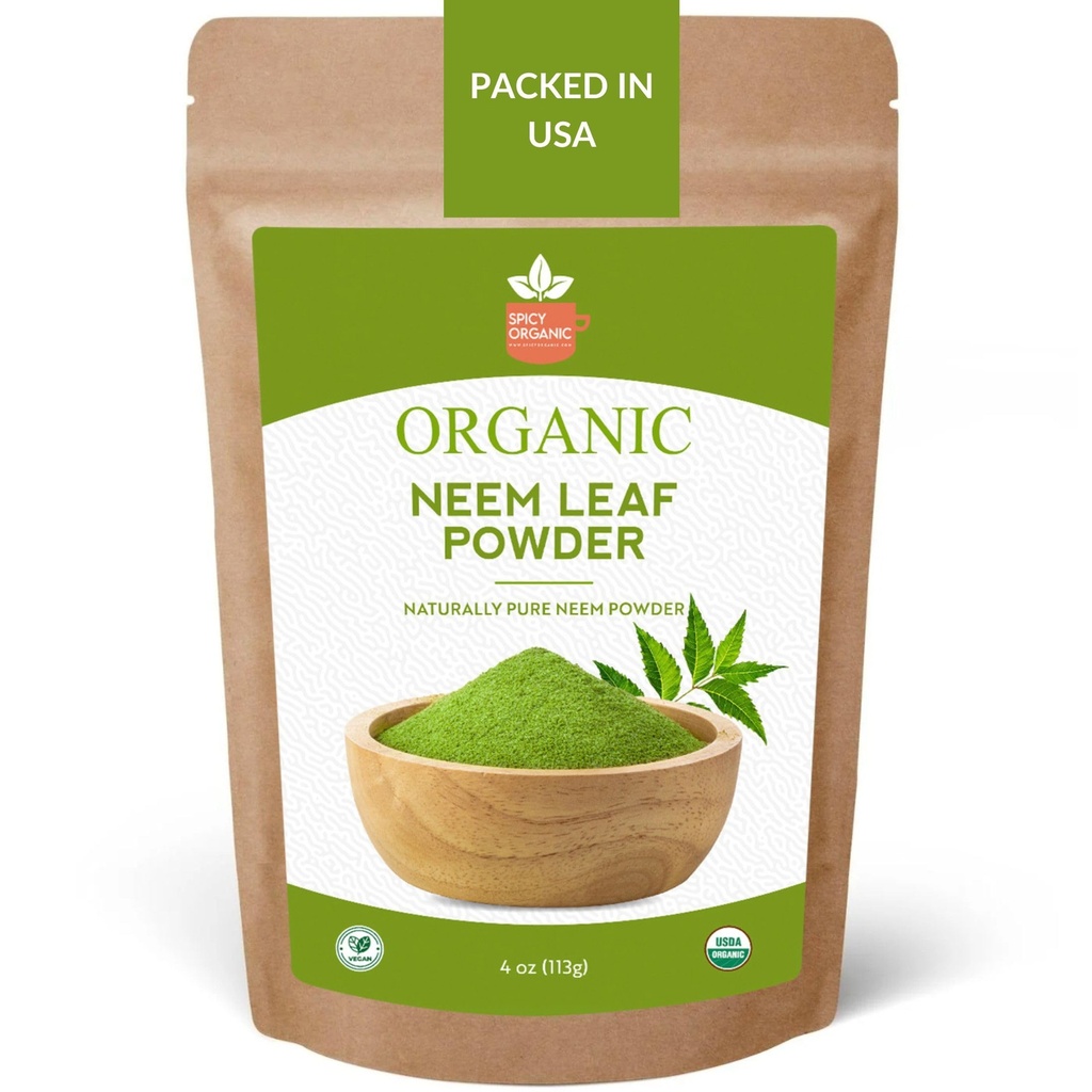 SPICY ORGANIC Neem 파우더 - 4 oz. - 공인 USDA 유기 - 비 GMO - 신선한 건조 Neem 건강한 머리와 피부를위한 분말을 남겨 - Azadirachta Indica Ayurvedic 허브 전체 웰빙
