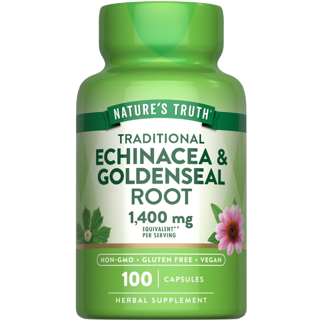 Nature's Truth Echinacea Goldenseal 캡슐 | 1400mg | 100개 조사 | Vegan, Non-GMO & Gluten Free Supplement | 초본 지원단