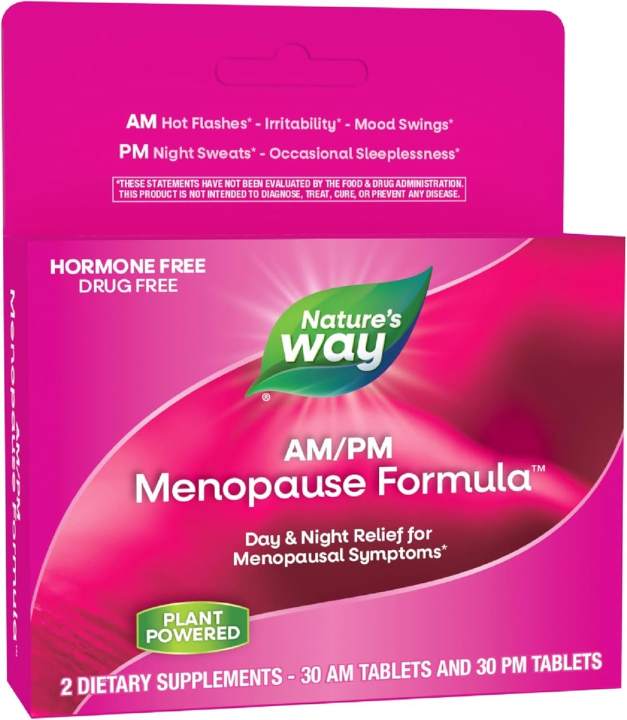 Nature's Way AM/PM Menopause Women, Hot Flash Relief*, Night Sweats*, Restful Sleep*, Mood Swings*, Black Cohosh, Theanine, Valerian, 60 Tablets를 가진 호르몬 자유로운 공식