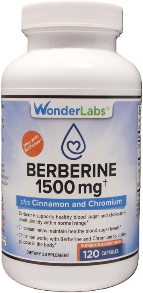 Wonder Laboratories Surperior 흡수 Berberine HCL 1,500mg + Cinnamon, Chromium 및 Glucose, Heart & Immune 시스템 건강 글루텐 및 GMO 무료 - 120 캡슐에 대한 BioPerine 유지 보수