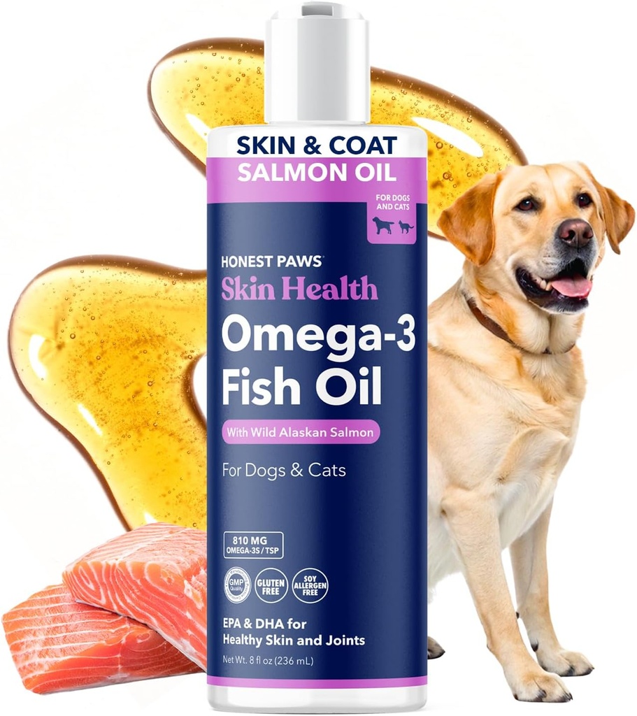 Honest Paws Wild Alaskan Salmon Oil for Dogs & Cats - 피부, 코트, 관절 및 심장 건강을위한 오메가 3 생선 오일 보충 - 자연적, 지속 가능한 Sourced, 8 oz