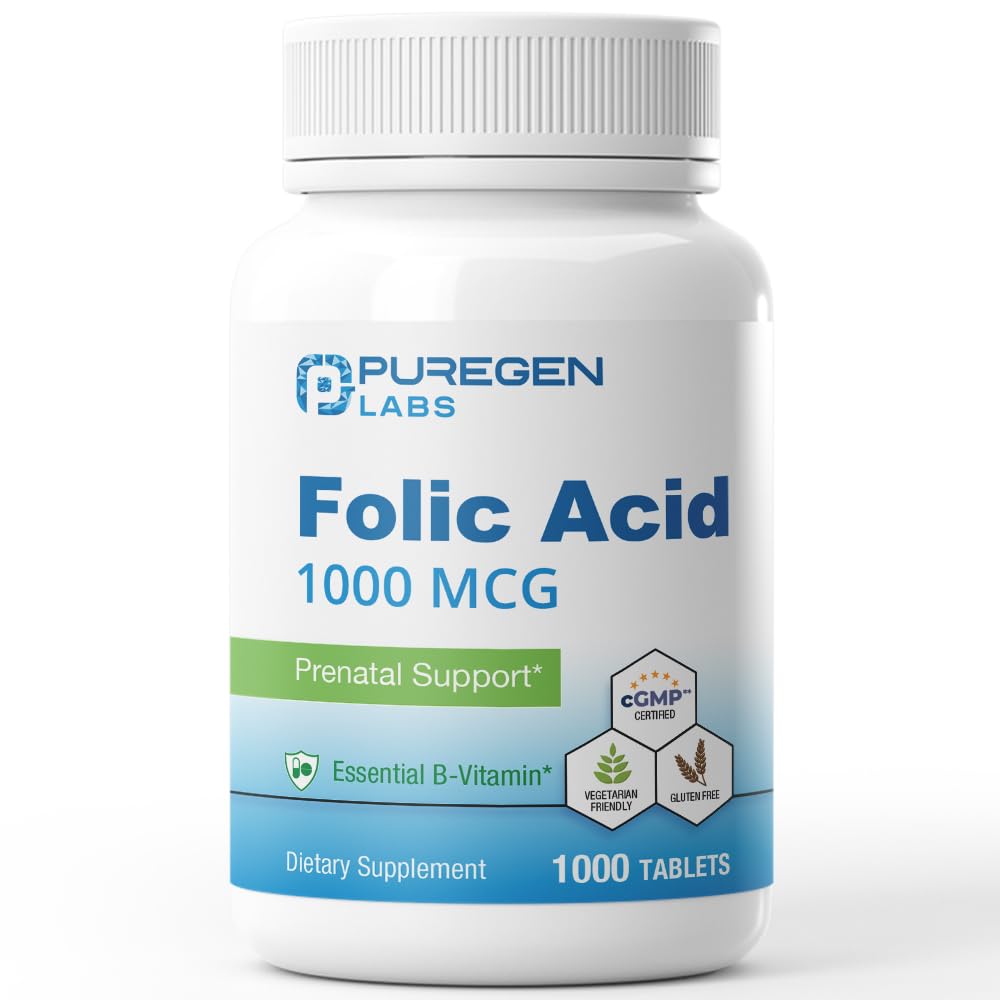 Puregen Labs Folic Acid 1000 mcg Tablets | 비타민 B9 | Non-GMO | 글루텐 프리 | 미국에서 제작 | Value Size 1000 Tablet