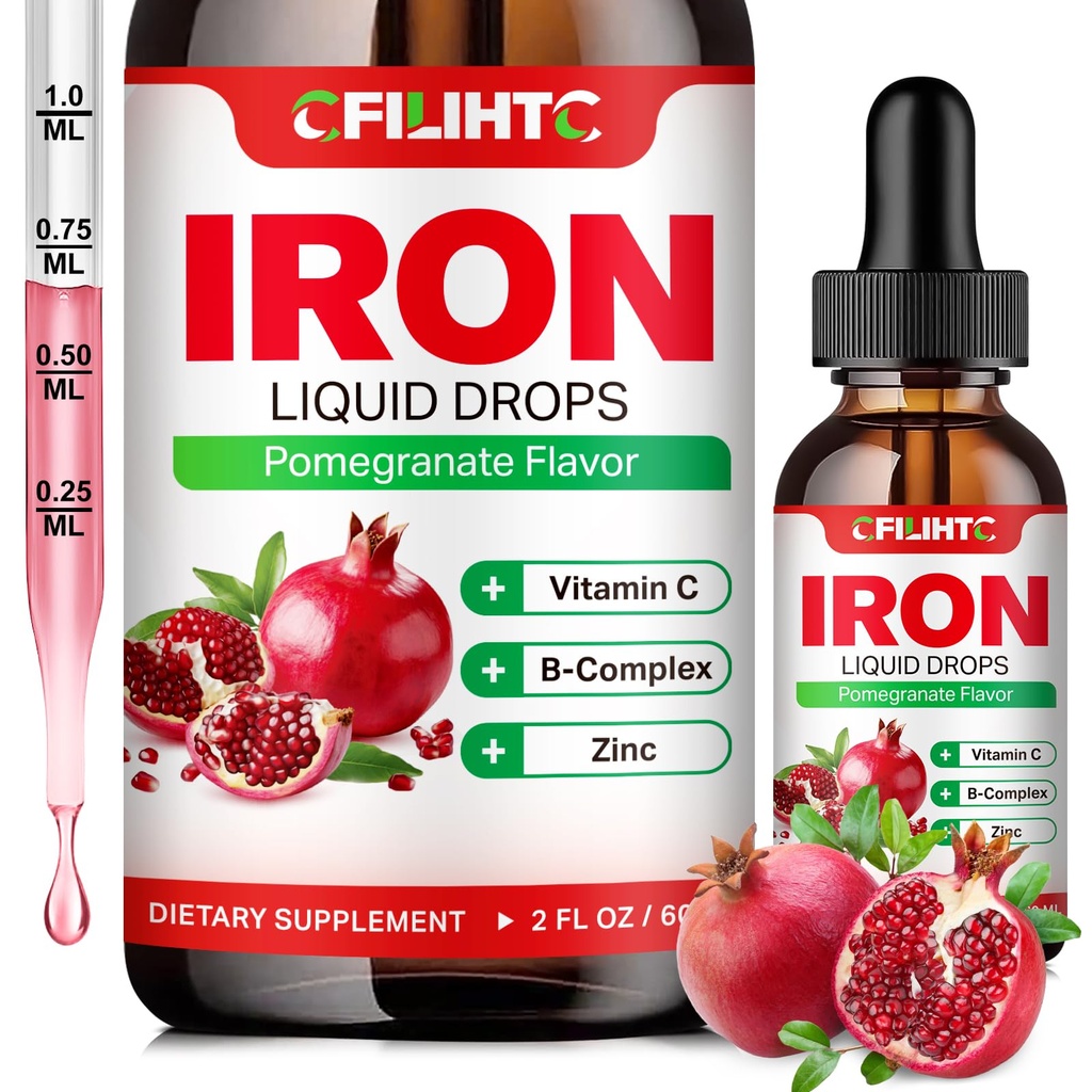 여자 남자 & 아이 Multivitamin 철 하락을 위한 액체 철 보충교재 Folate, 비타민 C, B6, B12, Anemia를 위한 아연, 철 결핍, 혈액 건축업자, 에너지 - 자연적인 석류 풍미, Vegan 2 Fl Oz