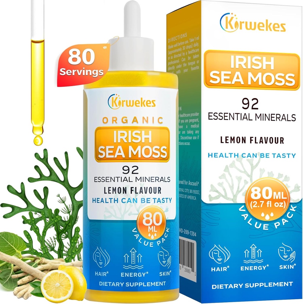 Sea Moss & Ashwagandha Root Drops - 10X Stronger Seamoss & Ashwagandha for Women & Men, Mood, Immunity, Digestive, Energy, Skin, Hair Joint (Lemon Flavour - 80 서빙