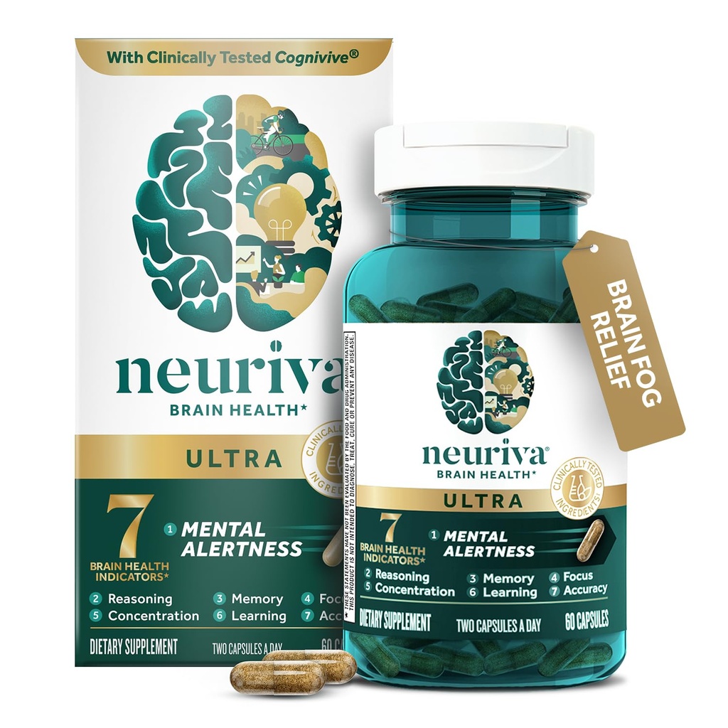 NEURIVA Ultra Decaffeinated Clinically는 정신 건강, 기억, 초점 및 농도, Cognivive, Neurofactor, Phosphatidylserine, 비타민 B6 B12, 60 캡슐을 위한 Nootropic 뇌 보충교재를 시험했습니다
