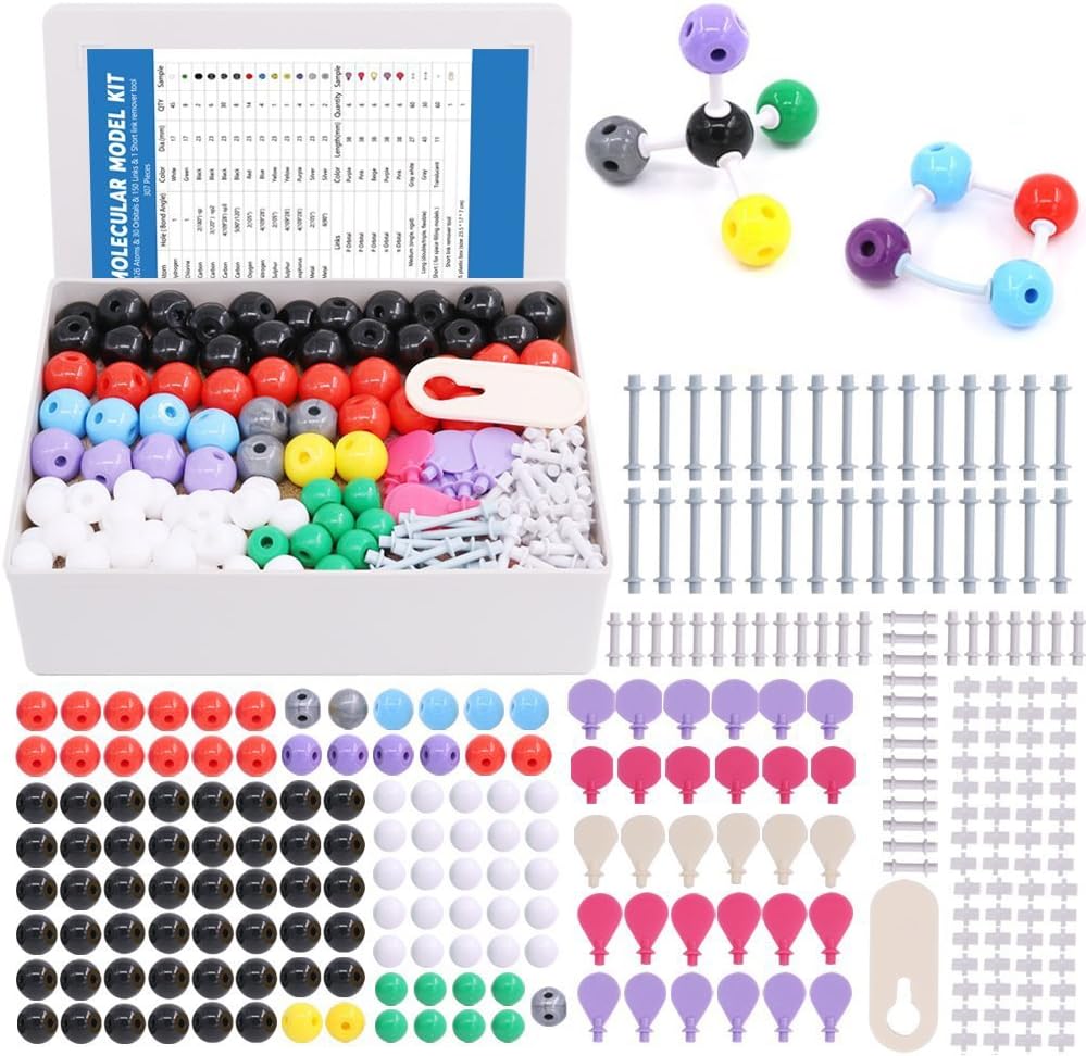 Swpeet 307 PC 분자 모델 키트 유기 및 무기 화학 - 화학 분자 모델 학생 및 교사 세트 - 126 원자 및 30 궤도 및 150 링크 및 1 짧은 링크 제거 도구